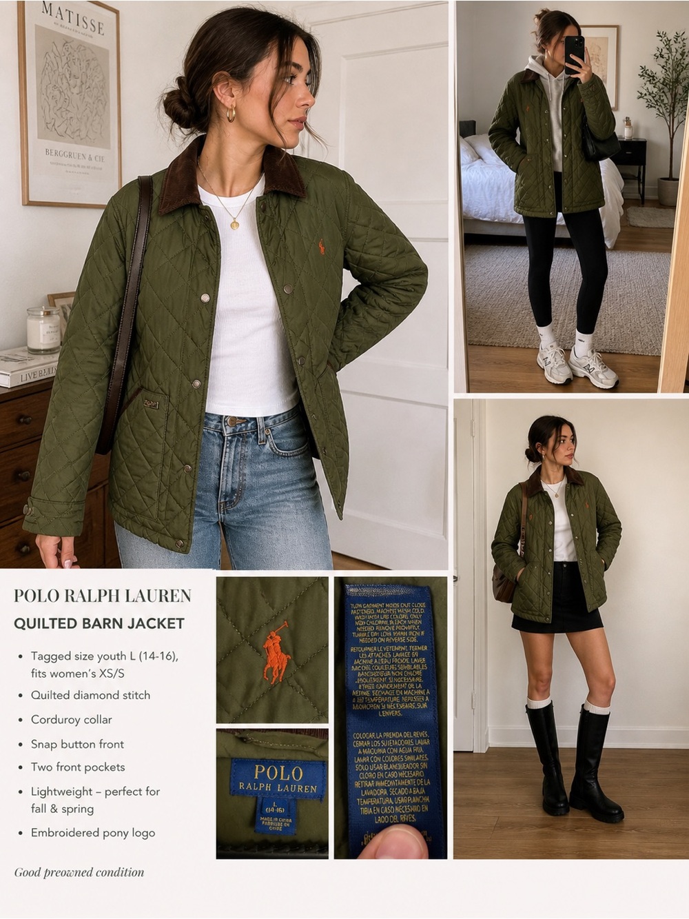 Polo Ralph Lauren Quilted Barn Jacket Olive Green Corduroy Collar Women’s XS/S